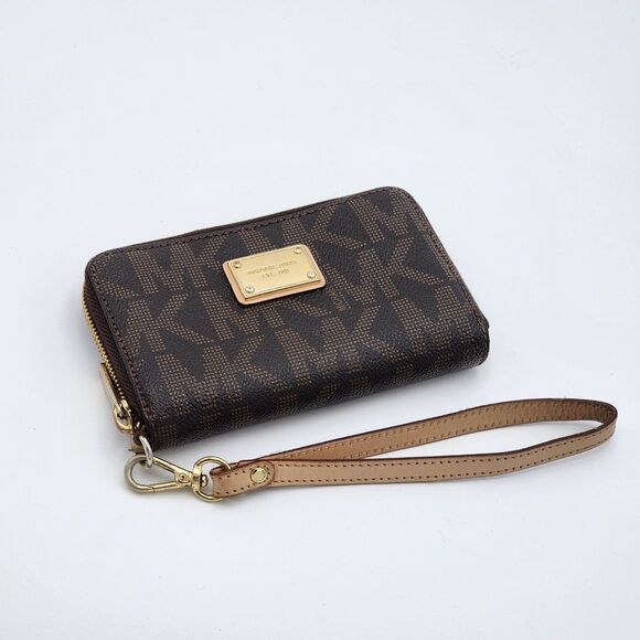 Michael Kors Coated Canvas Monogram Brown Zip Wallet Wristlet - Picture 1 of 8